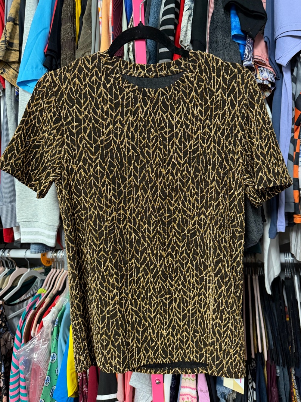 WDIRARA women’s size XS short sleeve metallic blouse black gold party holiday